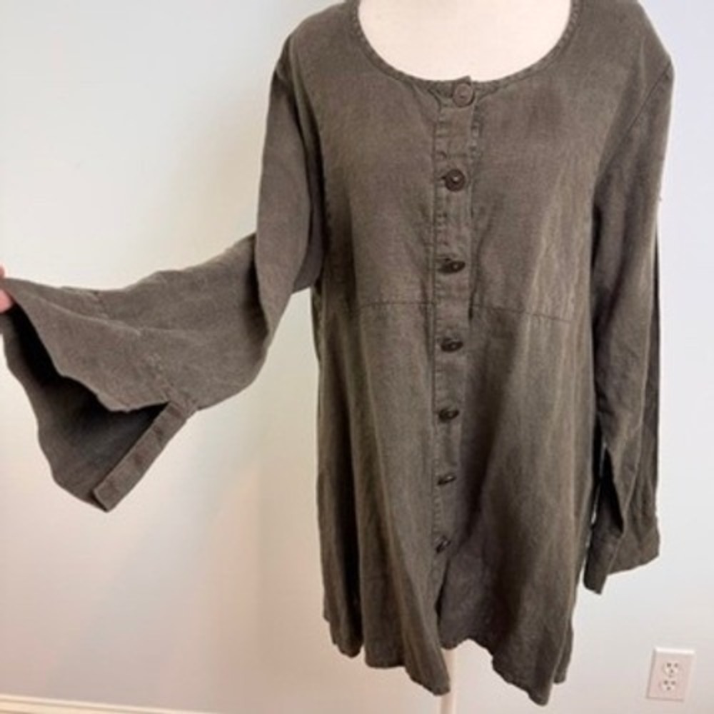 Flax 100% Linen Button Up Tunic Top Womens M Brown Lagenlook Breathable Coastal - Picture 2 of 12